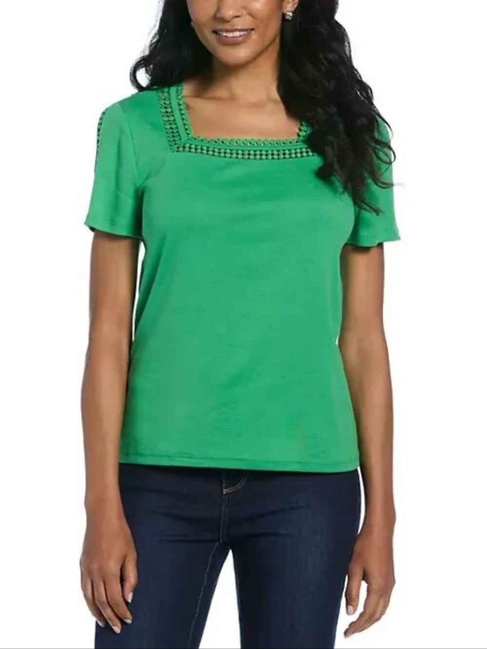 Rafaella Green Square-Neck Short Sleeve Top with Crochet Trim